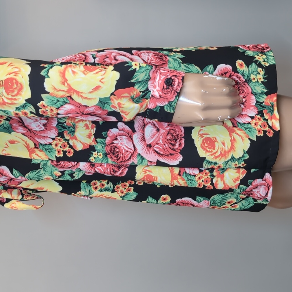 Seductions Sirens Floral Belted Shirt Dress Black Yellow Womens Size Medium - Picture 5 of 13